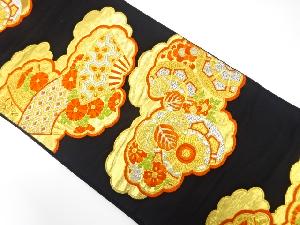 アンティーク　雲に扇・源氏車模様織り出し袋帯（着用可）